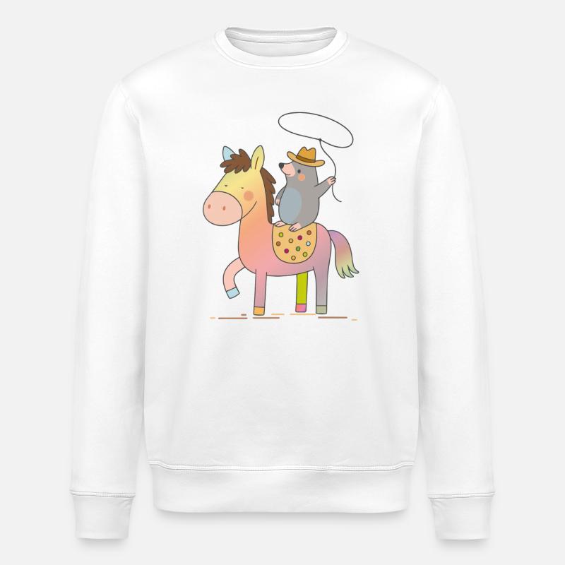 Fröhlicher Maulwurf reitet auf buntem Pferd - Stanley/Stella Unisex Bio-Sweatshirt ROLLER - Weiß