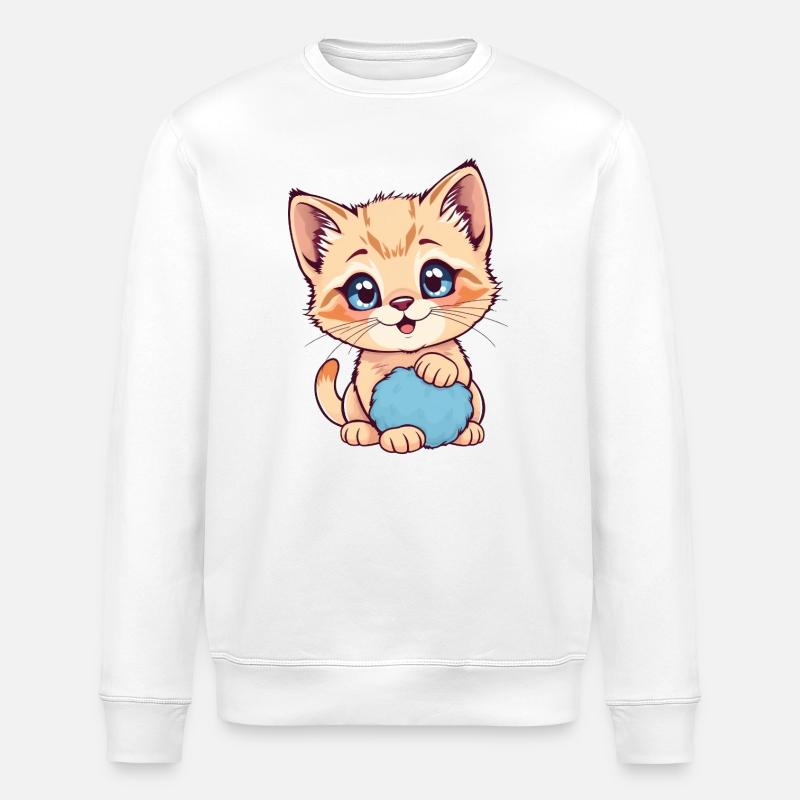 Kätzchen mit blauem Flauschball - Stanley/Stella Unisex Bio-Sweatshirt ROLLER - Weiß