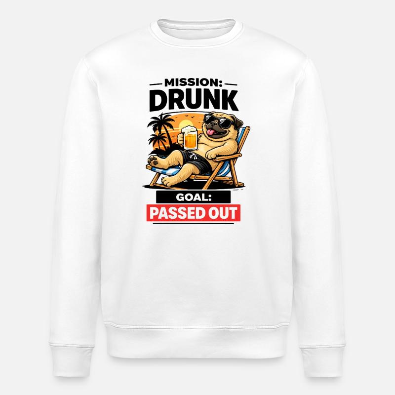 Sunset Pug Loungeing Beer Tee - Stanley/Stella Unisex Bio-Sweatshirt ROLLER - Weiß