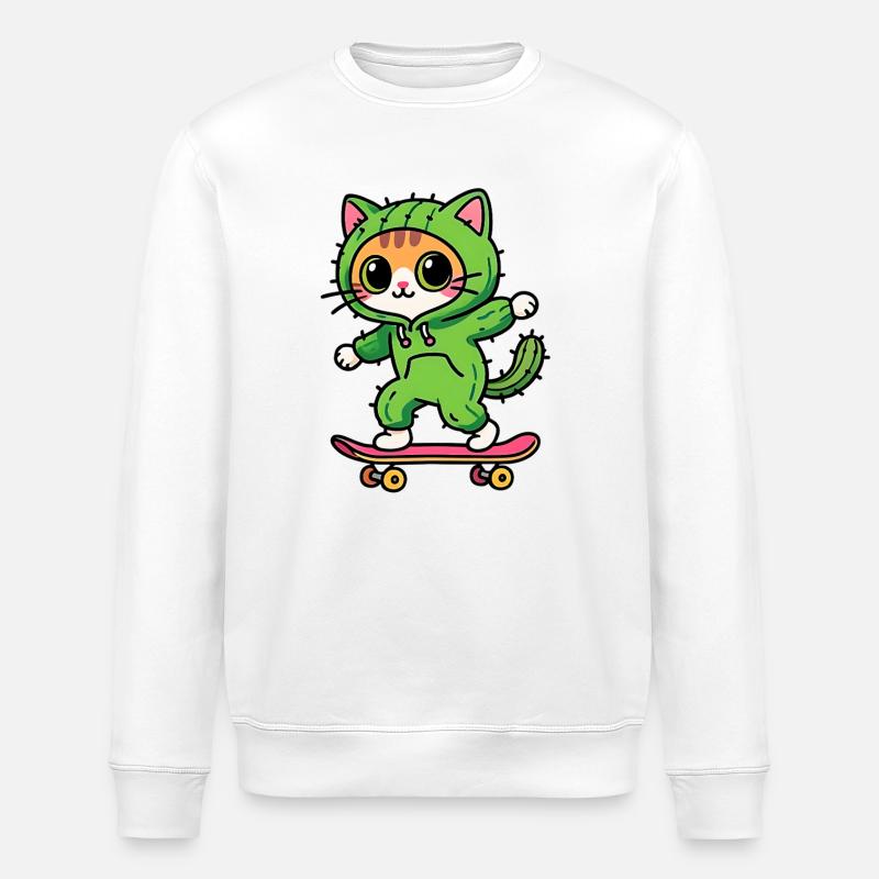 Chat skate cactus vert hoodie kawaii - Sweat bio ROLLER Stanley/Stella Unisexe - blanc