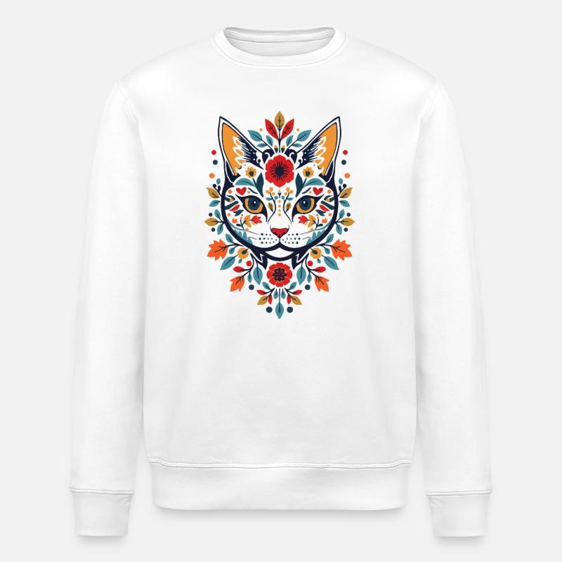 Blumenkatze im Folk-Art Stil - Stanley/Stella Unisex Bio-Sweatshirt ROLLER - Weiß