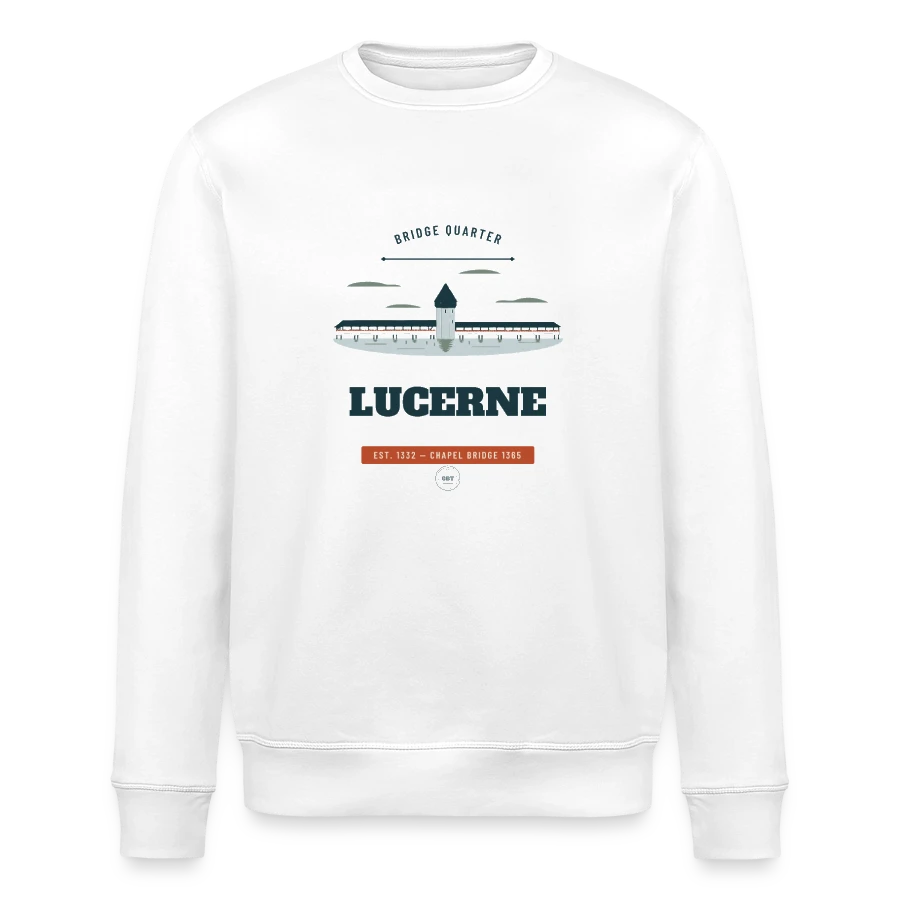 Lucerne badge on a stanley/stella roller unisex organic sweatshirt, white