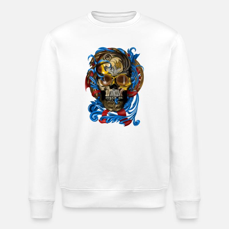 Barock Skull mit Blau Bändern - Stanley/Stella Unisex Bio-Sweatshirt ROLLER - Weiß