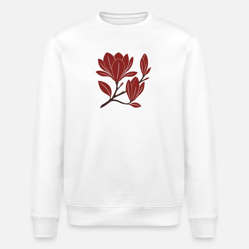Red Magnolia Branch Pattern - Stanley/Stella ROLLER Unisex Organic Sweatshirt - white