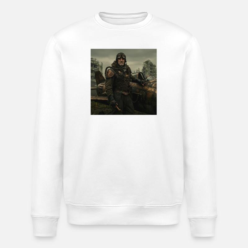 Steampunk-Pilot auf postapokalyptischen Ruinen - Stanley/Stella Unisex Bio-Sweatshirt ROLLER - Weiß
