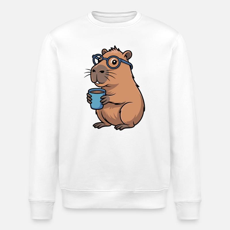 Kaffeetrinkender Capybara mit Brille - Stanley/Stella Unisex Bio-Sweatshirt ROLLER - Weiß