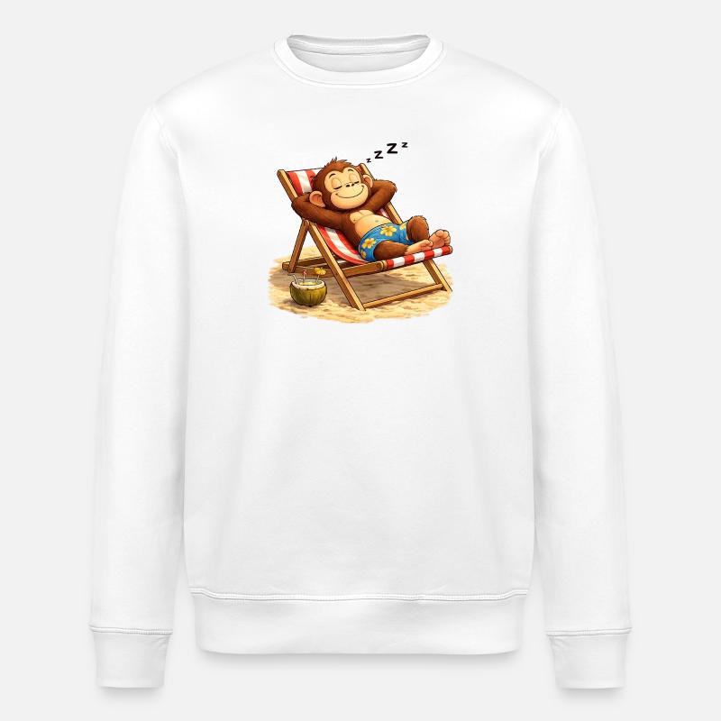 Tropical Nightcap Monkey on the Beach - Stanley/Stella ROLLER Unisex Organic Sweatshirt - white