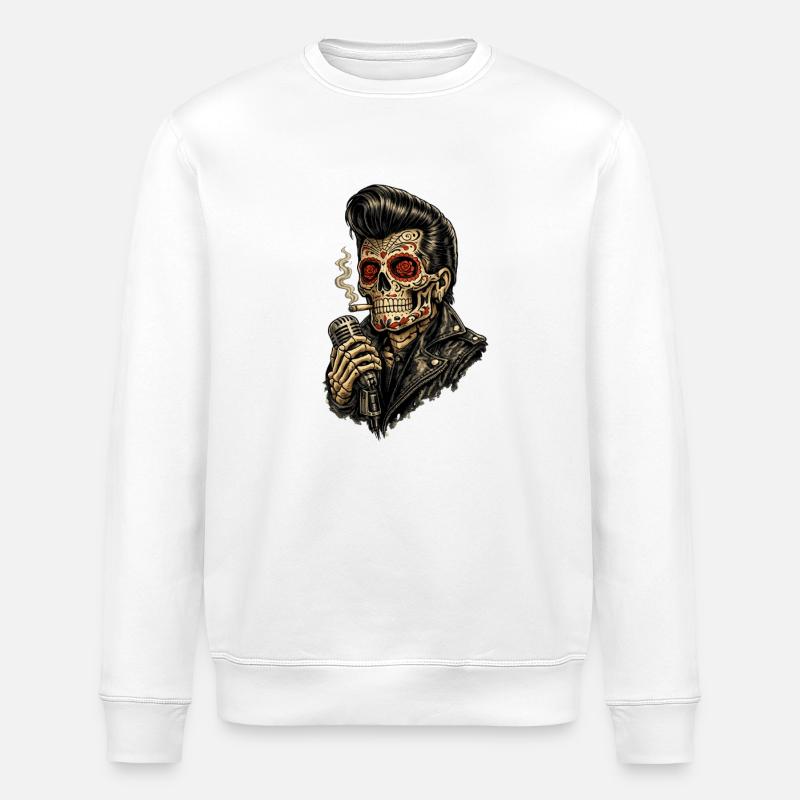Skeleton Sugar Skull Rockabilly Microphone - Stanley/Stella ROLLER Unisex Organic Sweatshirt - white