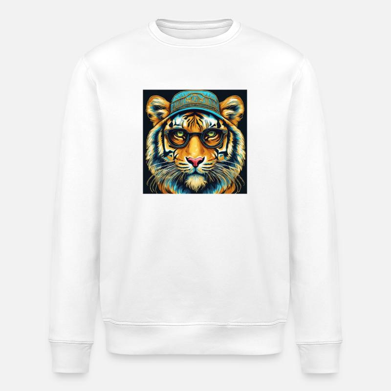 Tiger Kopf mit Brille Nerd - Stanley/Stella Unisex Bio-Sweatshirt ROLLER - Weiß