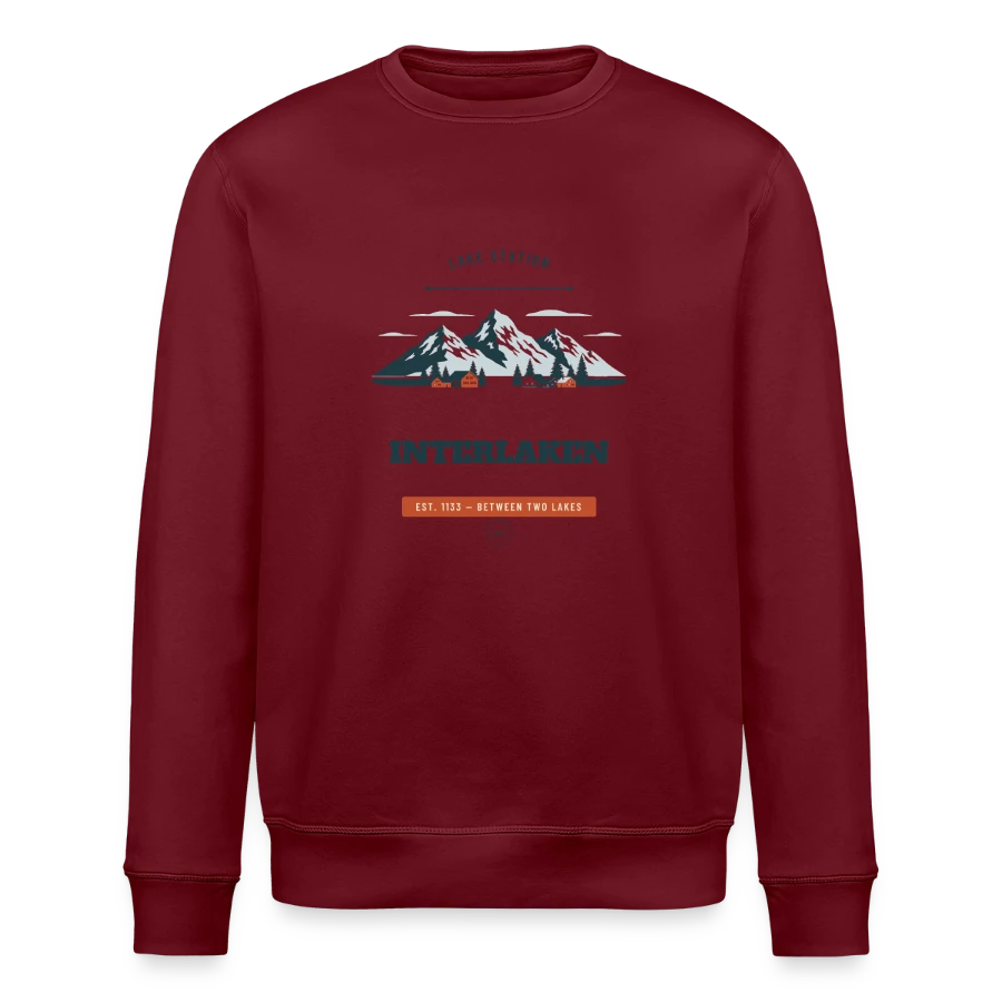 Interlaken badge on a stanley/stella roller unisex organic sweatshirt, heather grey