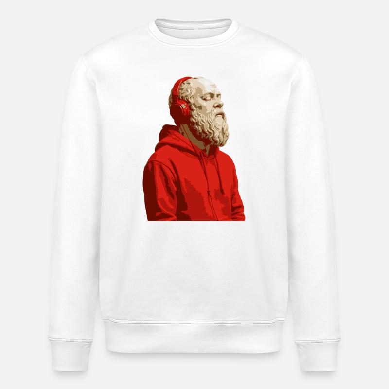 Sokrates in rotem Kapuzenpullover und Kopfhörern - Stanley/Stella Unisex Bio-Sweatshirt ROLLER - Weiß