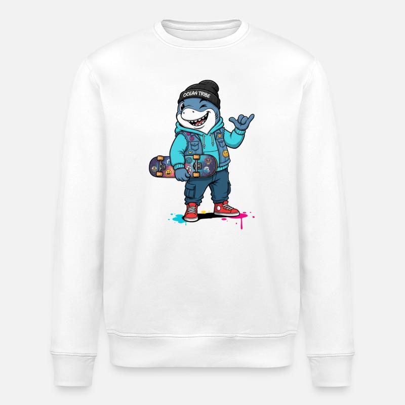 OceanTribe Shark with Skateboard - Stanley/Stella ROLLER Unisex Organic Sweatshirt - white