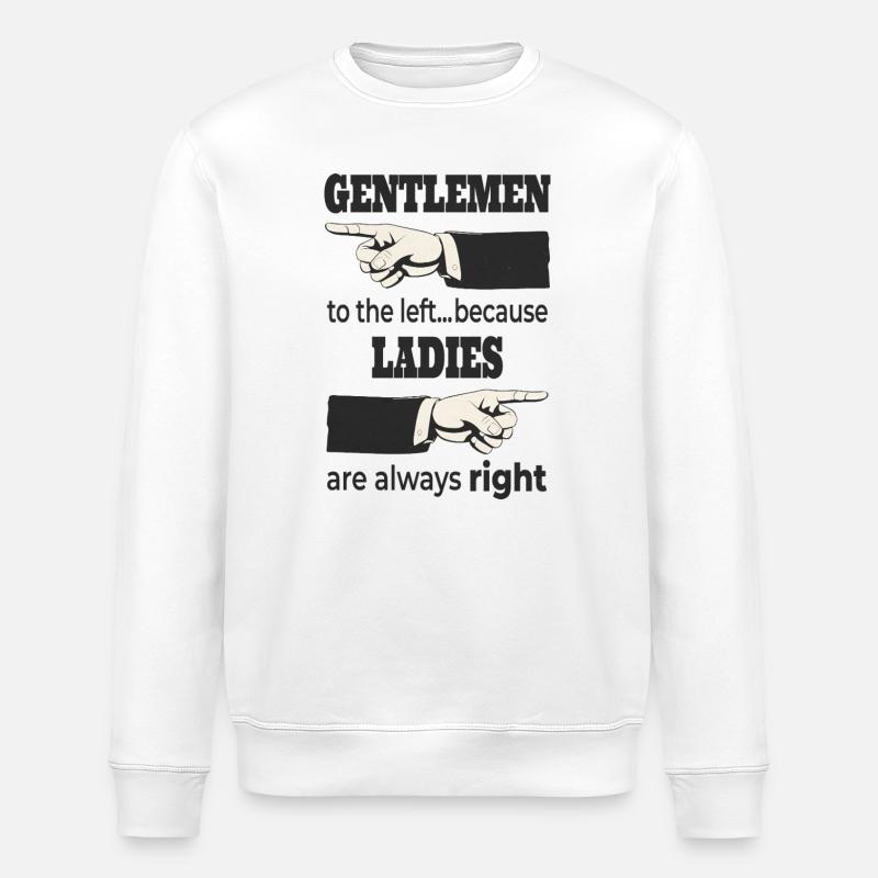Herrer til venstre – Damerne har altid RET - Stanley/Stella økologisk unisex-sweatshirt ROLLER - hvid