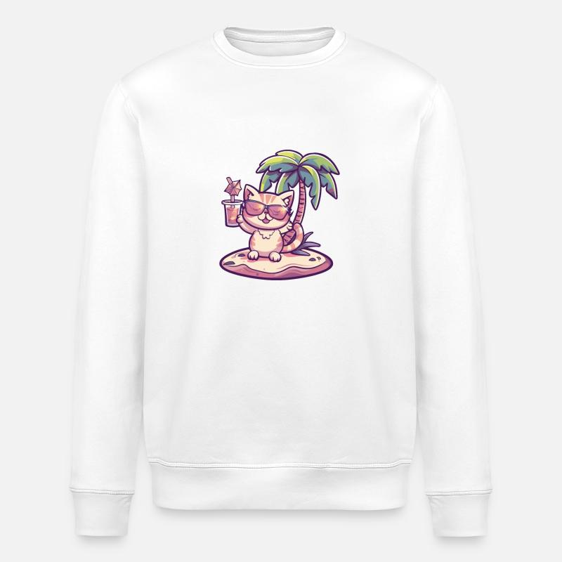 Cat Summer Beach Vacation - Stanley/Stella ROLLER Unisex Organic Sweatshirt - white