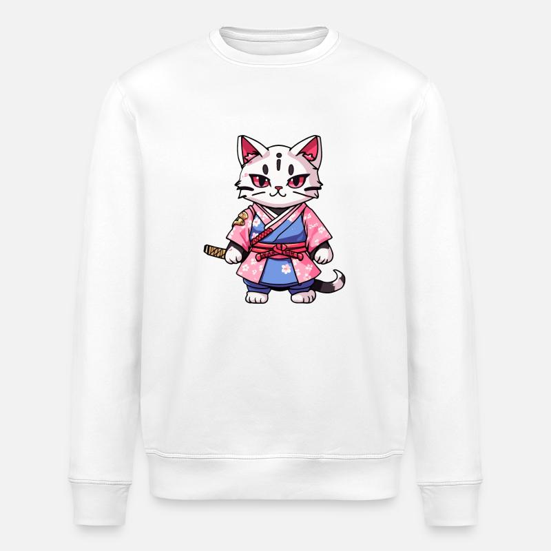 Samurai Cat & Cherry Blossoms #14 - Stanley/Stella ROLLER Unisex Organic Sweatshirt - white