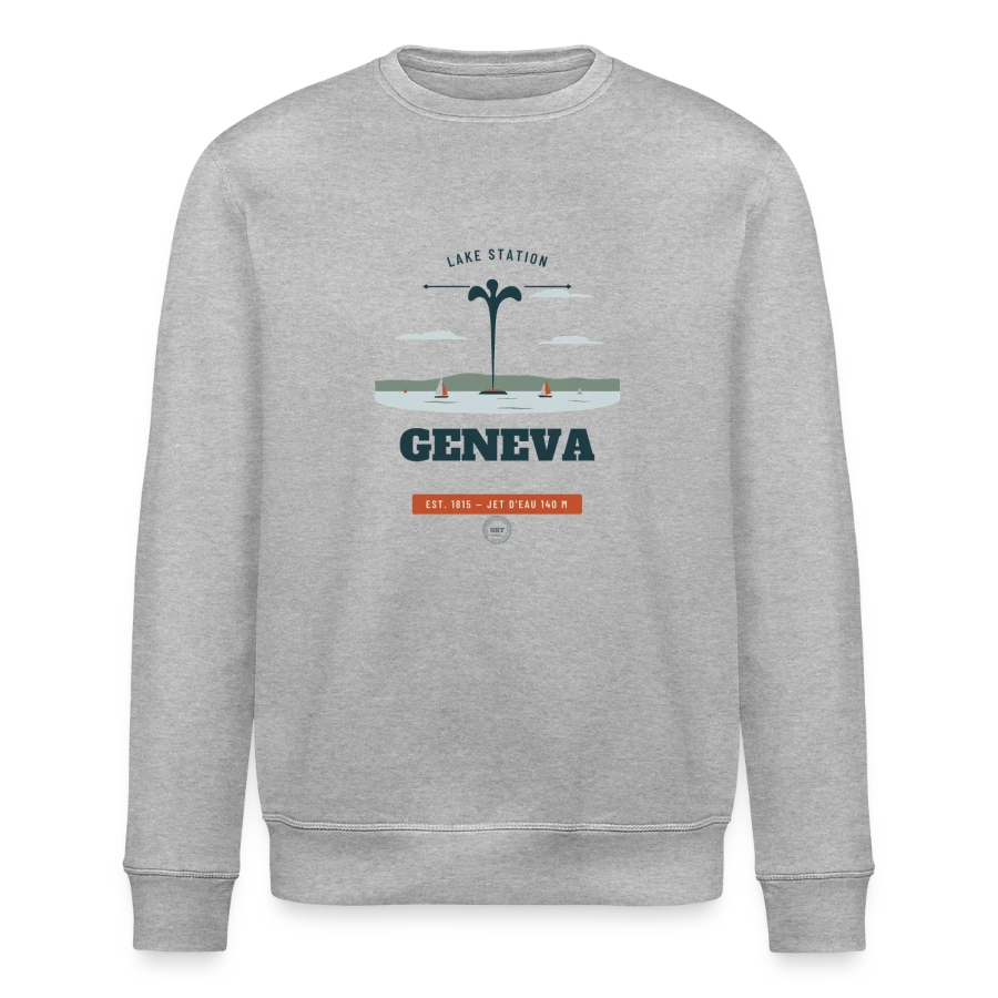 Geneva badge on a stanley/stella roller unisex organic sweatshirt, heather grey