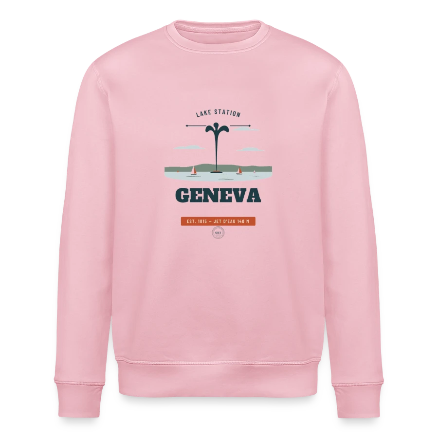 Geneva badge on a stanley/stella roller unisex organic sweatshirt, cotton pink