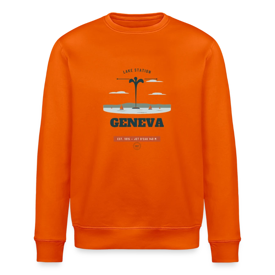 Geneva badge on a stanley/stella roller unisex organic sweatshirt, bright orange