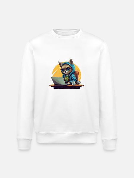 Cool Cat CEO - Start-up Mood with Laptop - Stanley/Stella ROLLER Unisex Organic Sweatshirt - white