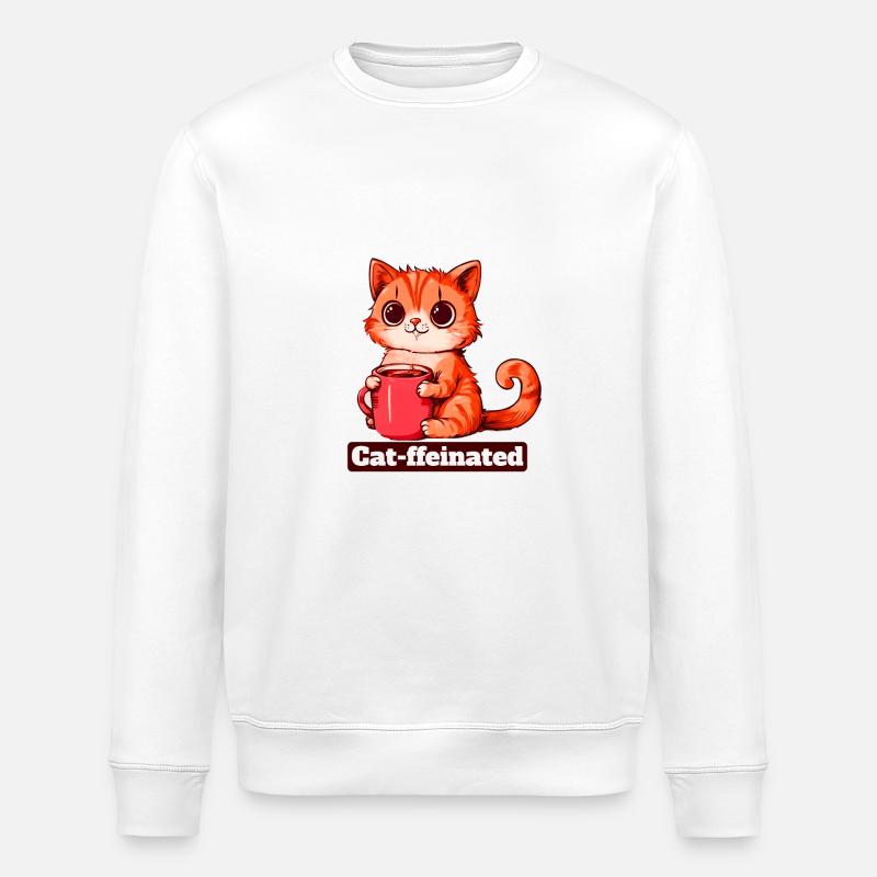 Funny Cat Drinking Coffee - Stanley/Stella ROLLER Unisex Organic Sweatshirt - white