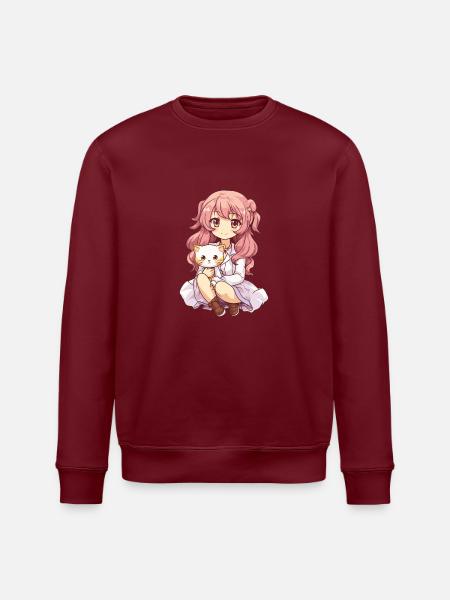Kawaii Girl Anime Manga Girl and Cat - Stanley/Stella ROLLER Unisex Organic Sweatshirt - white