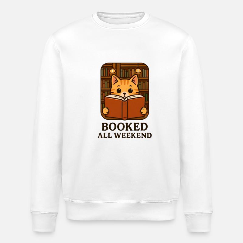 Feline reading refuge on the shelf - Stanley/Stella ROLLER Unisex Organic Sweatshirt - white