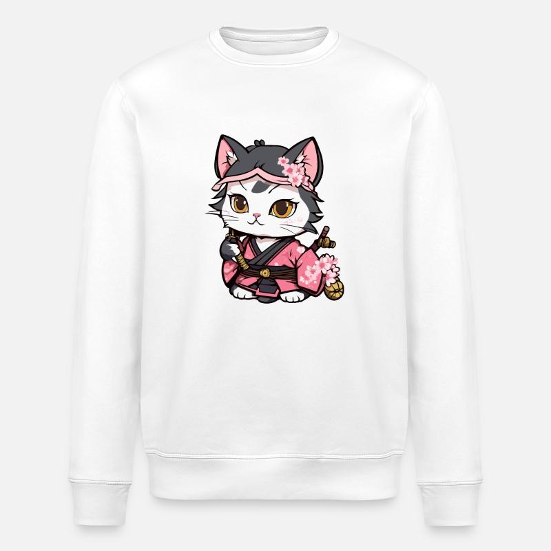 Samurai Cat & Cherry Blossoms #12 - Stanley/Stella ROLLER Unisex Organic Sweatshirt - white