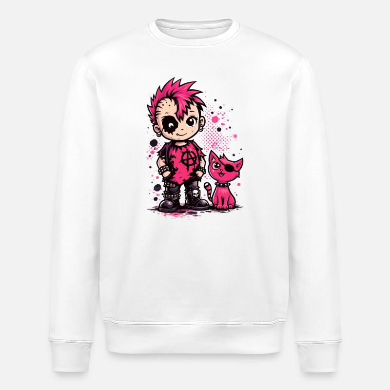 Punk Kid mit pinker Katze - Stanley/Stella Unisex Bio-Sweatshirt ROLLER - Weiß