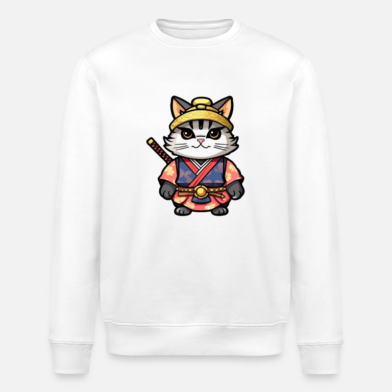 Samurai Cat #13 - Stanley/Stella ROLLER Unisex Organic Sweatshirt - white