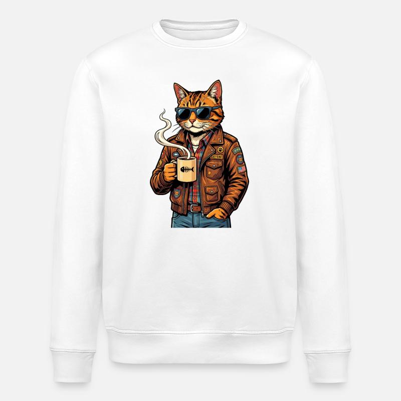 Chat motard avec du café - Sweat bio ROLLER Stanley/Stella Unisexe - blanc