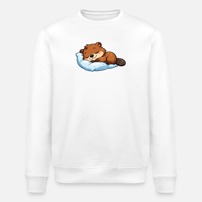 Sleeping Beaver on Blue Pillow - Stanley/Stella ROLLER Unisex Organic Sweatshirt - white