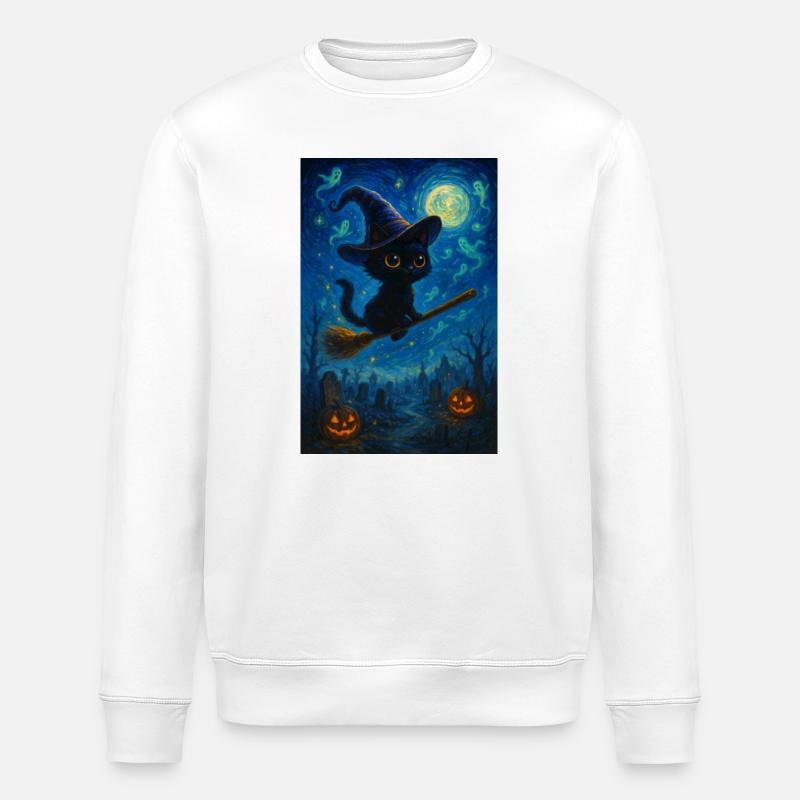 Black cat with witch's broom - Stanley/Stella ROLLER Unisex Organic Sweatshirt - white