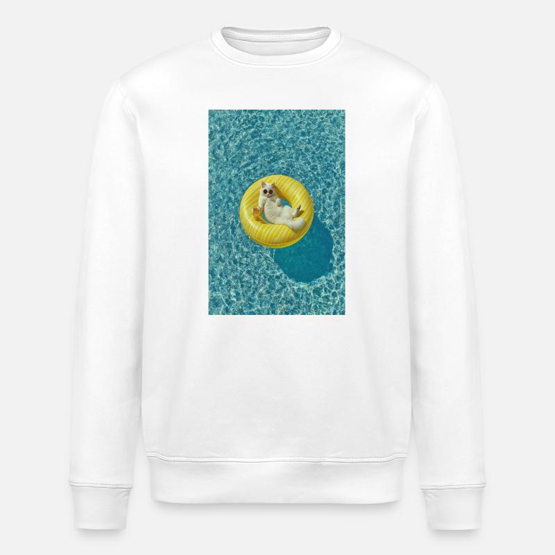 Sunlit Cat on Yellow Pool Float - Stanley/Stella ROLLER Unisex Organic Sweatshirt - white
