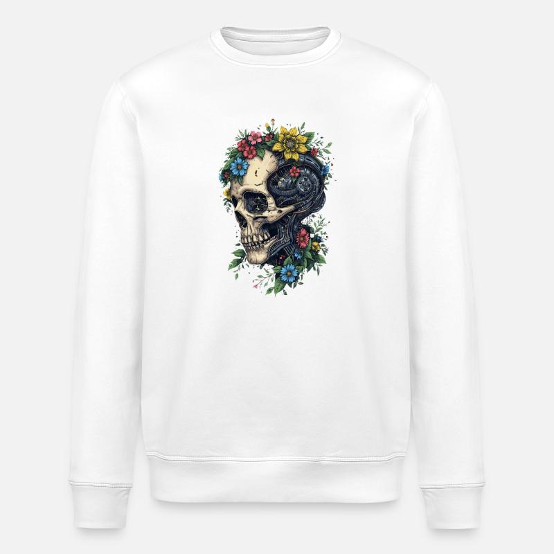Blumen-Schädel- und Steampunk-Maschine - Stanley/Stella Unisex Bio-Sweatshirt ROLLER - Weiß
