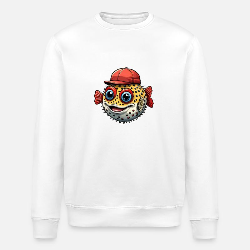 Lustiger Kugelfisch mit roter Basecap - Stanley/Stella Unisex Bio-Sweatshirt ROLLER - Weiß