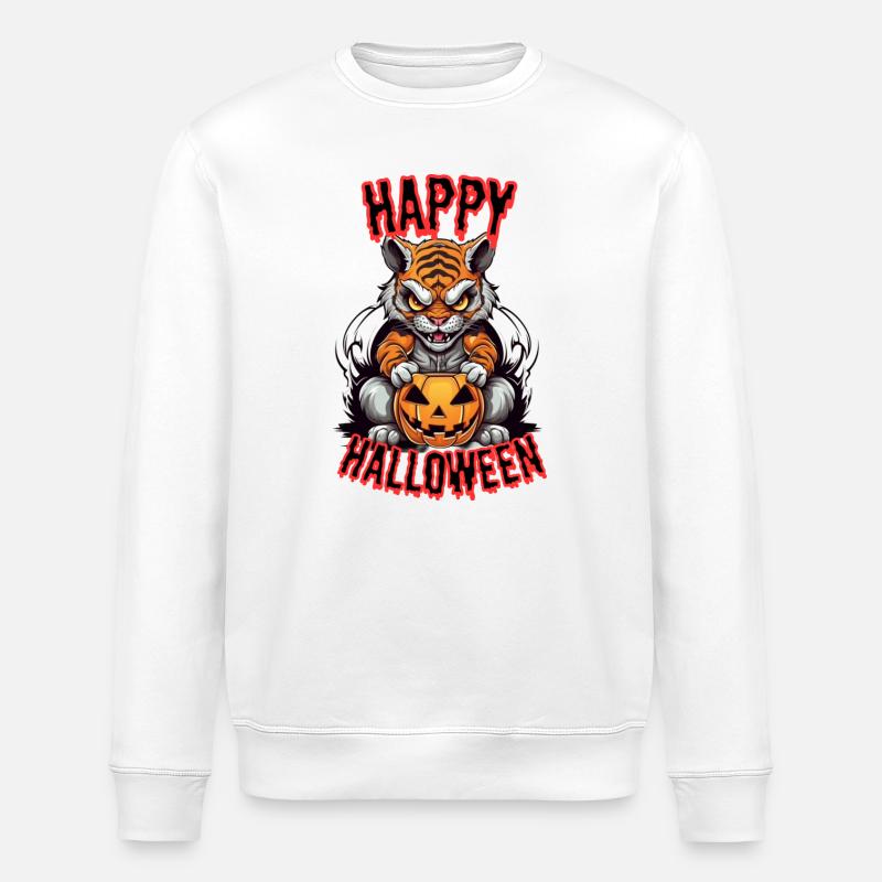 Grimmiger Halloween-Kater mit Kürbis - Stanley/Stella Unisex Bio-Sweatshirt ROLLER - Weiß