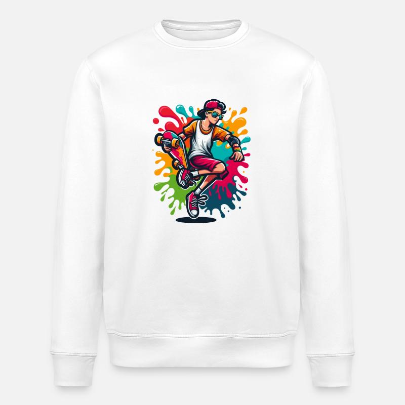 Skateboard mit Farbklecksen - Stanley/Stella Unisex Bio-Sweatshirt ROLLER - Weiß