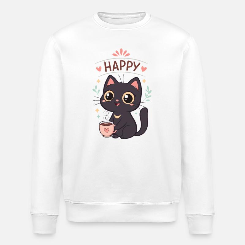 Schwarze Katze Glücklicher Kaffee - Stanley/Stella Unisex Bio-Sweatshirt ROLLER - Weiß