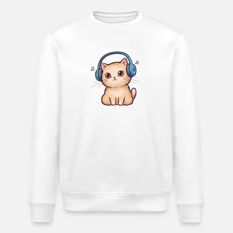 Cute Cat with Doodle Headphones - Stanley/Stella ROLLER Unisex Organic Sweatshirt - white