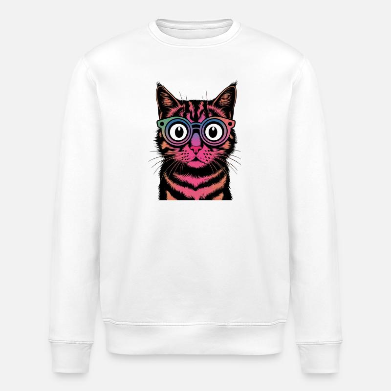 Rainbow Cat with Glasses - Stanley/Stella ROLLER Unisex Organic Sweatshirt - white