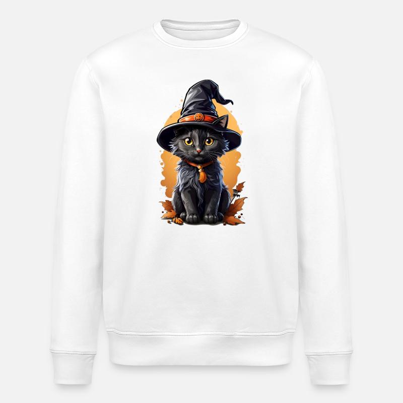 Halloween-Katz mit Hexenhut - Stanley/Stella Unisex Bio-Sweatshirt ROLLER - Weiß