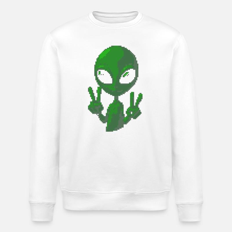 Pixel Green Alien Peace Sign Tee - Stanley/Stella ROLLER Unisex Organic Sweatshirt - white