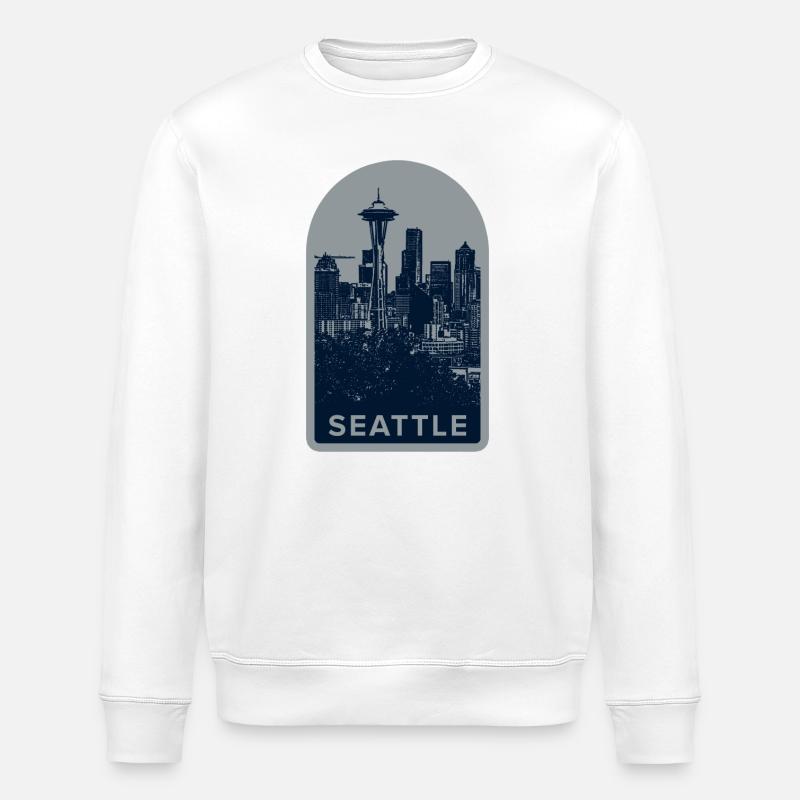 Seattle Skyline Badge: Space Needle Silhouette - Stanley/Stella ROLLER Unisex Organic Sweatshirt - white