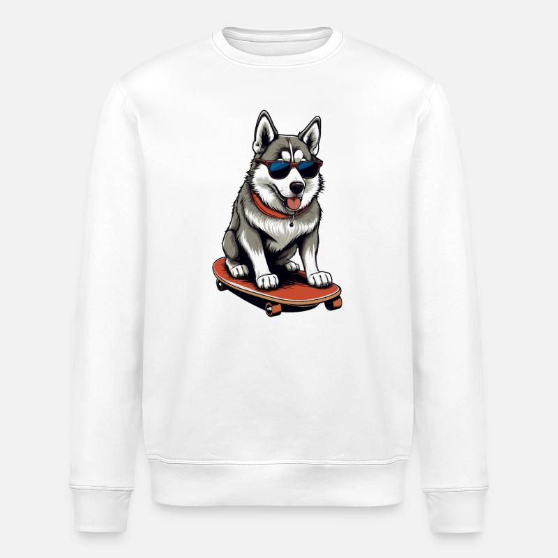Süßer Husky auf Skateboard - Stanley/Stella Unisex Bio-Sweatshirt ROLLER - Weiß