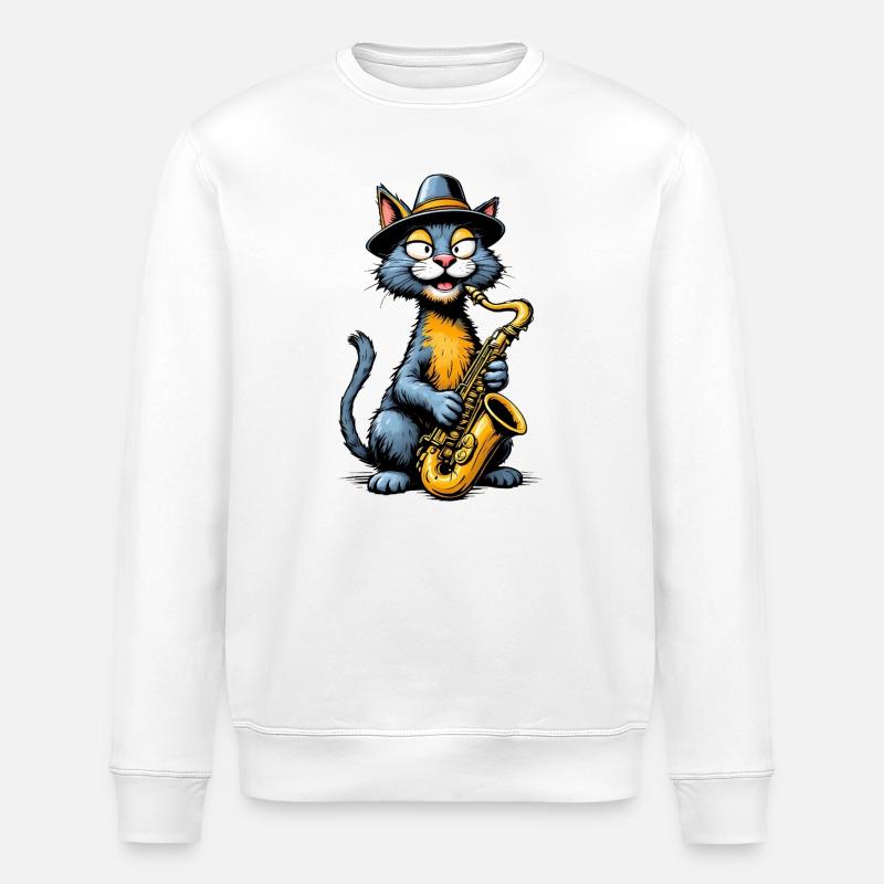 Jazz Cat mit Saxophon - Stanley/Stella Unisex Bio-Sweatshirt ROLLER - Weiß