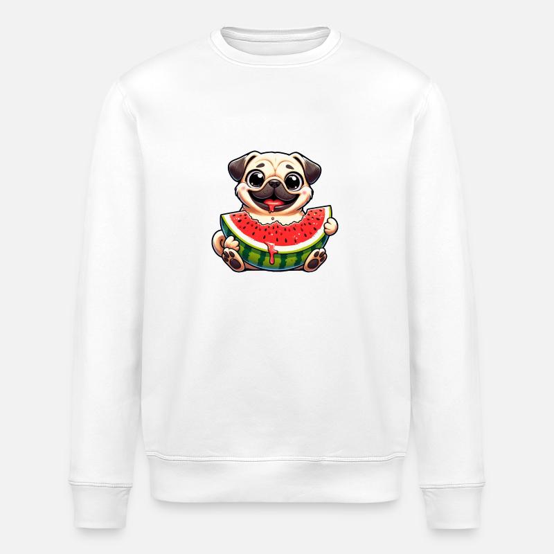 Pug with Melon Cute Cartoon - Stanley/Stella ROLLER Unisex Organic Sweatshirt - white