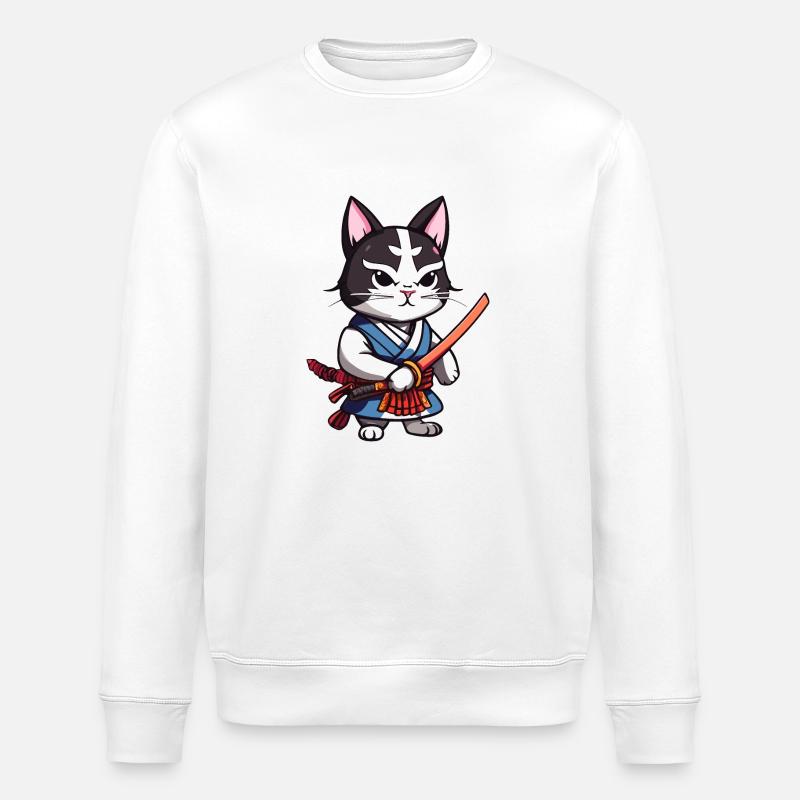 Samurai Cat #42 - Stanley/Stella ROLLER Unisex Organic Sweatshirt - white