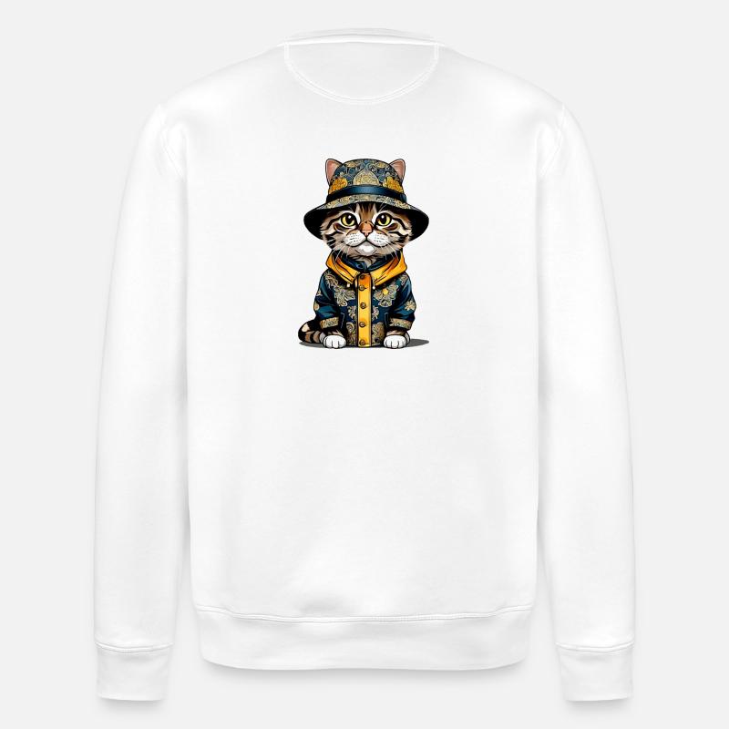 Katze mit Anglerhut - Stanley/Stella Unisex Bio-Sweatshirt ROLLER - Weiß