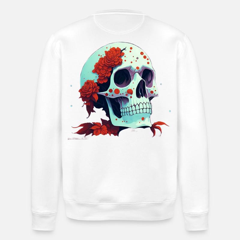 Schädel mit roten Blumen - Stanley/Stella Unisex Bio-Sweatshirt ROLLER - Weiß