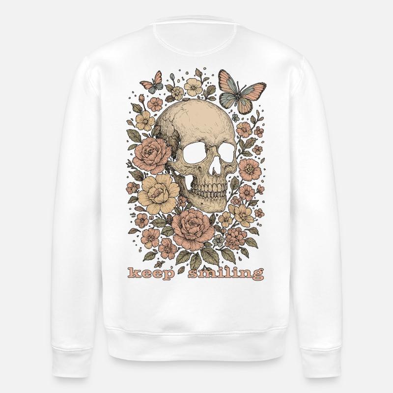Keep smiling - Totenkopf & Blumen - Stanley/Stella Unisex Bio-Sweatshirt ROLLER - Weiß
